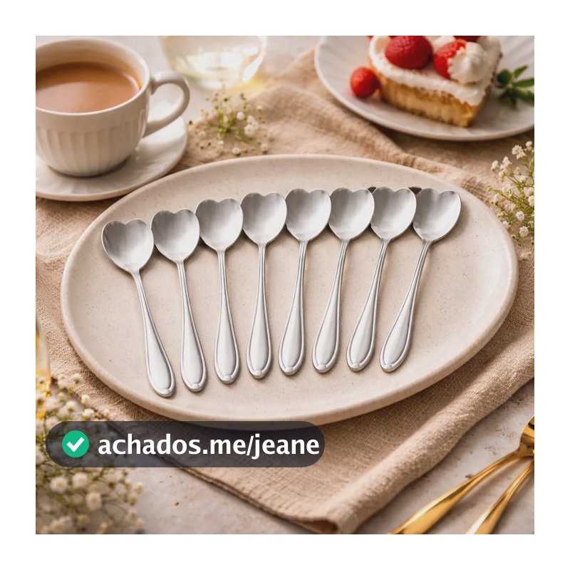 Colher De Chá Café Sobremesa Inox Kit 8 Peças Coração Folha Colher Coração Prata
