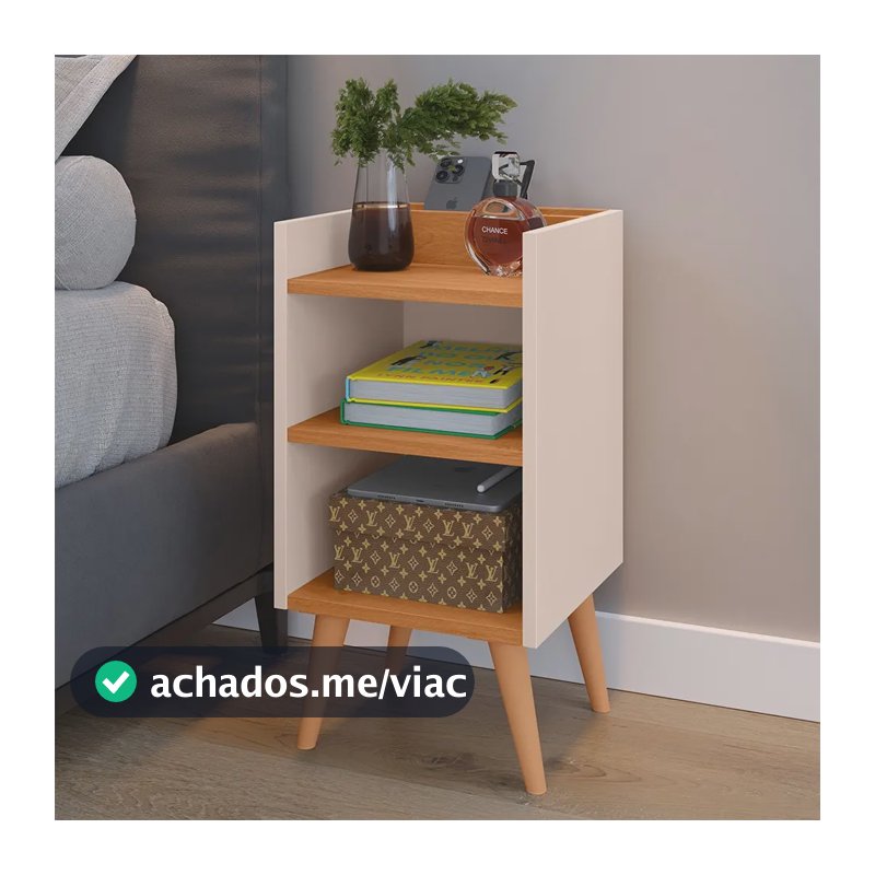 Criado Max Mudo Com Pés Retrô Porta Celular Nichos Compacta Acabamento Brilhante Cor Off White/cinamomo