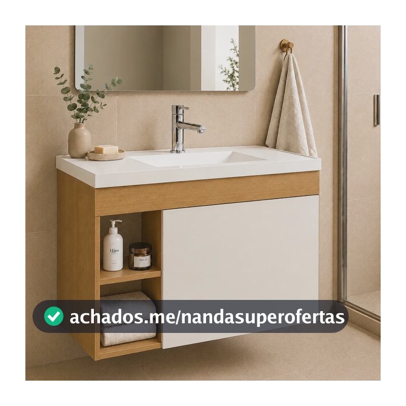 Armário Gabinete Suspenso para Banheiro com Cuba Compacta Moderna Nature/Off White - Blue Moby