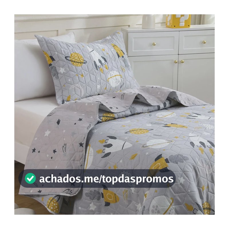 Kit Cobre Leito Colcha Solteiro Infantil 2 Peças Boutis Dupla Face Porta Travesseiro Aba Americana Espaço Cinza