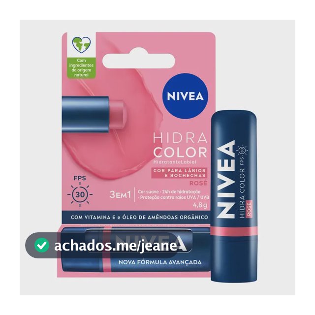 NIVEA Hidratante Labial Hidra Color 3 em 1 Rosé 4,8g, Cor Intensa, Hidratação 24h, Proteção UVA/UVB, Lábios e Bochechas