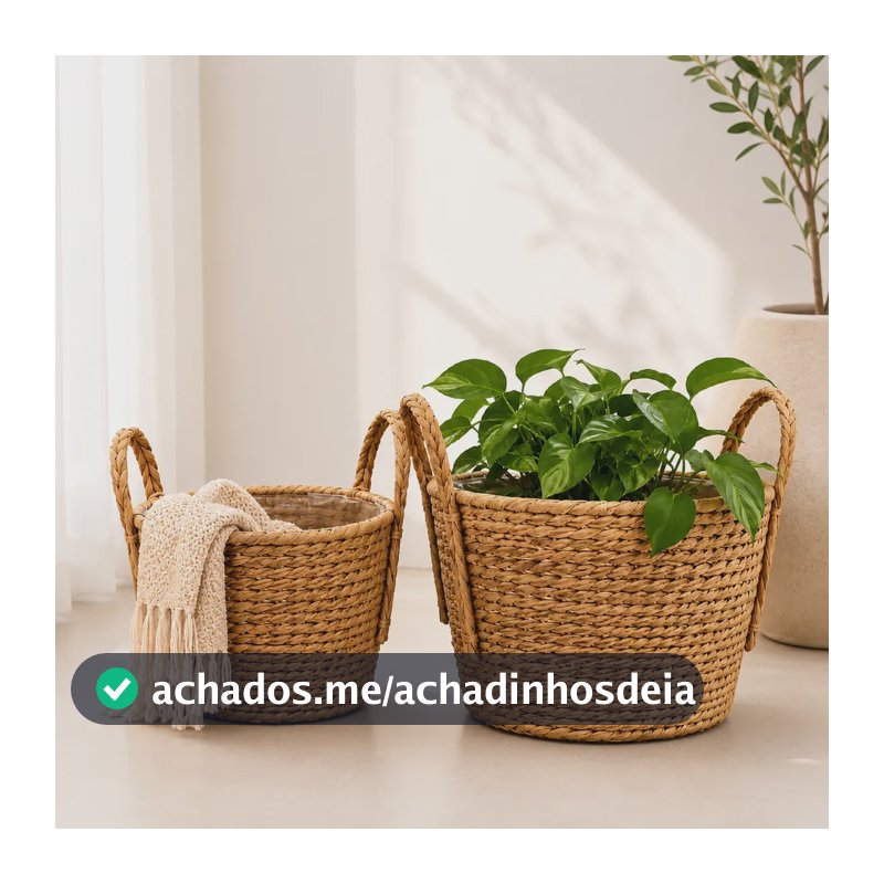 Kit 2 Cestos Vaso Cachepo Fibra Plantas Organizadores Roupas Palha