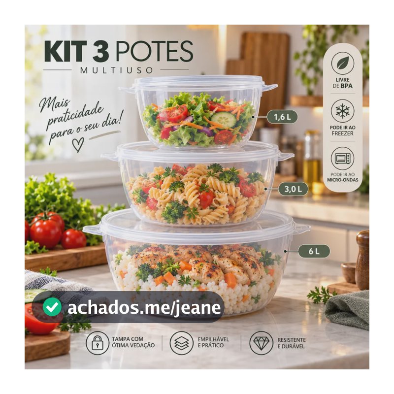 Kit 3 Potes Plásticos Redondo 1,6l 3l 6l Multiuso Cozinha Transparente