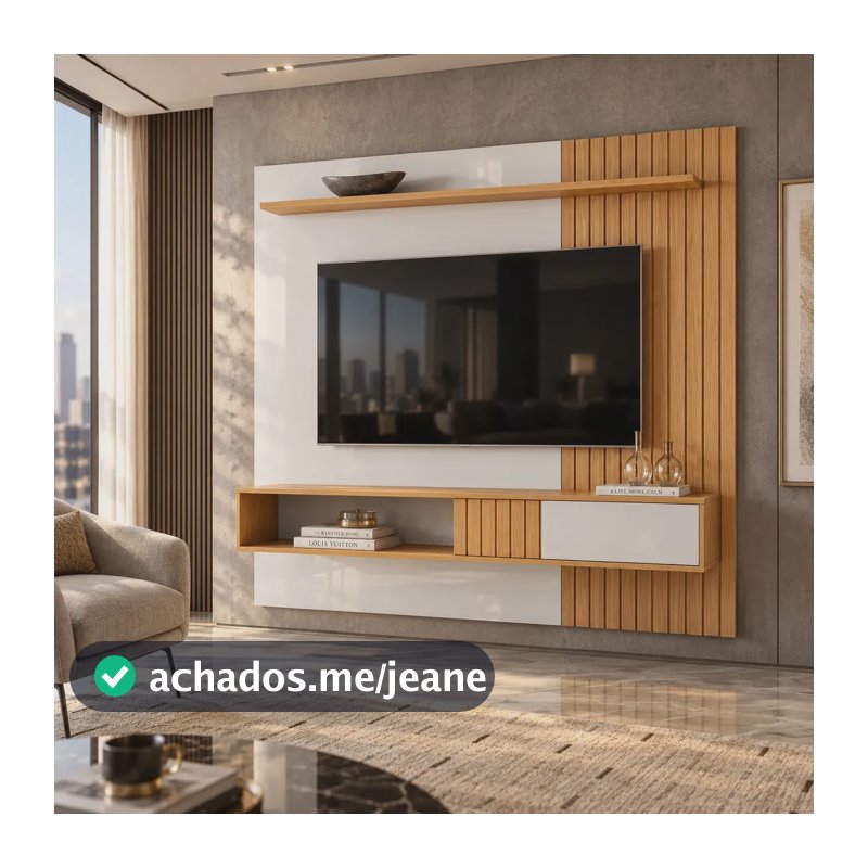 Painel Bancada Suspensa Dj Cosmos 1500 Para Tv Até 55 Ripado Porta Deslizante Design Sala Moderna Cor Bali/Cedro