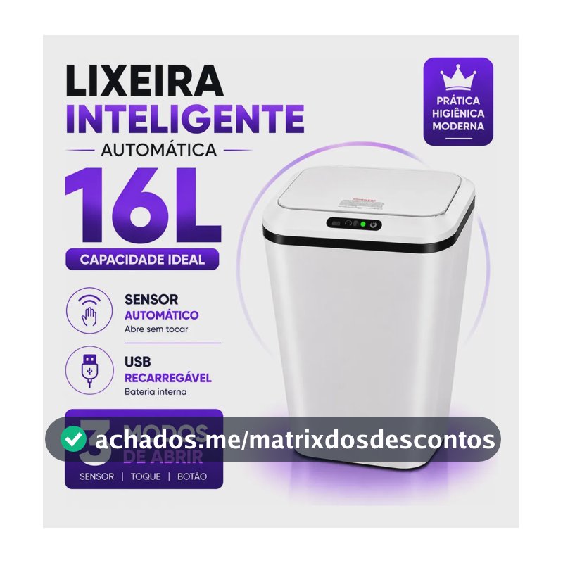 Lixeira Inteligente Automática 16L Sensor Infravermelho Recarregável USB-C 3 Modos Tampa Touch Banheiro Cozinha