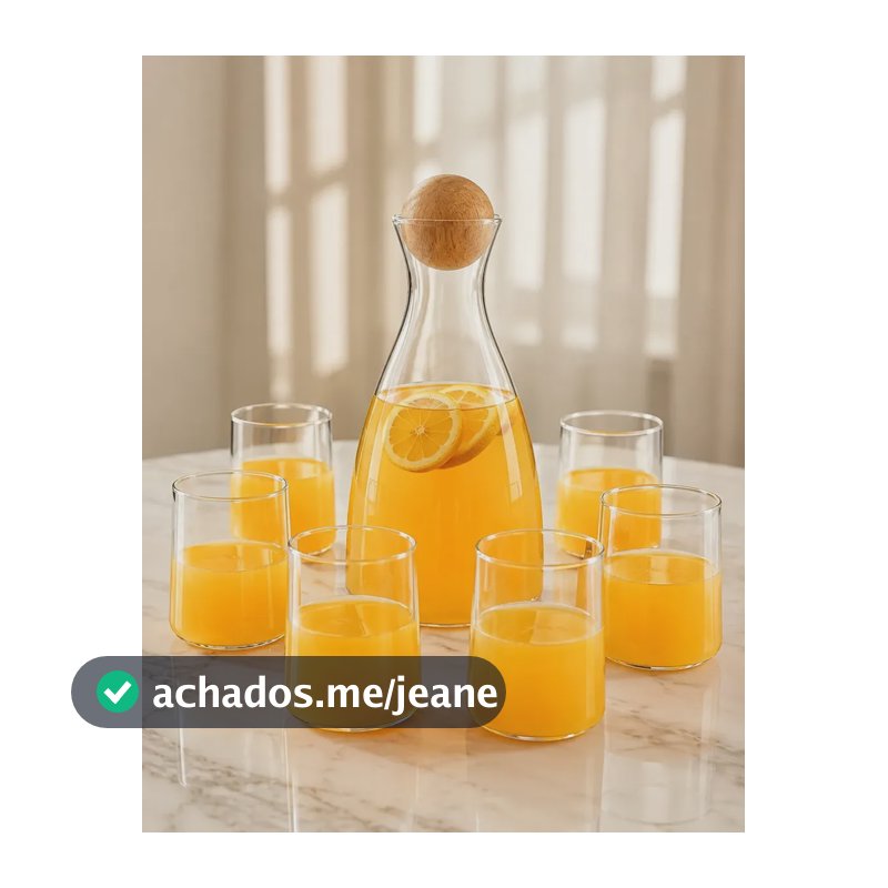 Conjunto Jarra Garrafa De Vidro Água Suco jogo Com 6 Copos Tampa Madeira Transparente