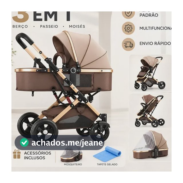 Carrinho De Bebê 3 Em 1 Reclinável Berço Preto Dourado Marrom