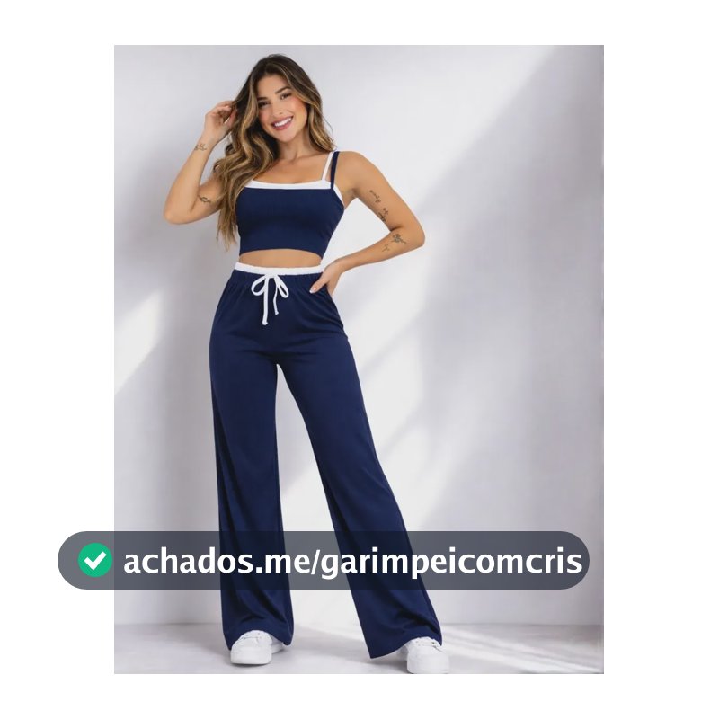 Conjunto Ribana Top Alcinhas E Calça Wide Leg Cós Alto Duplo Azul Liso Gg