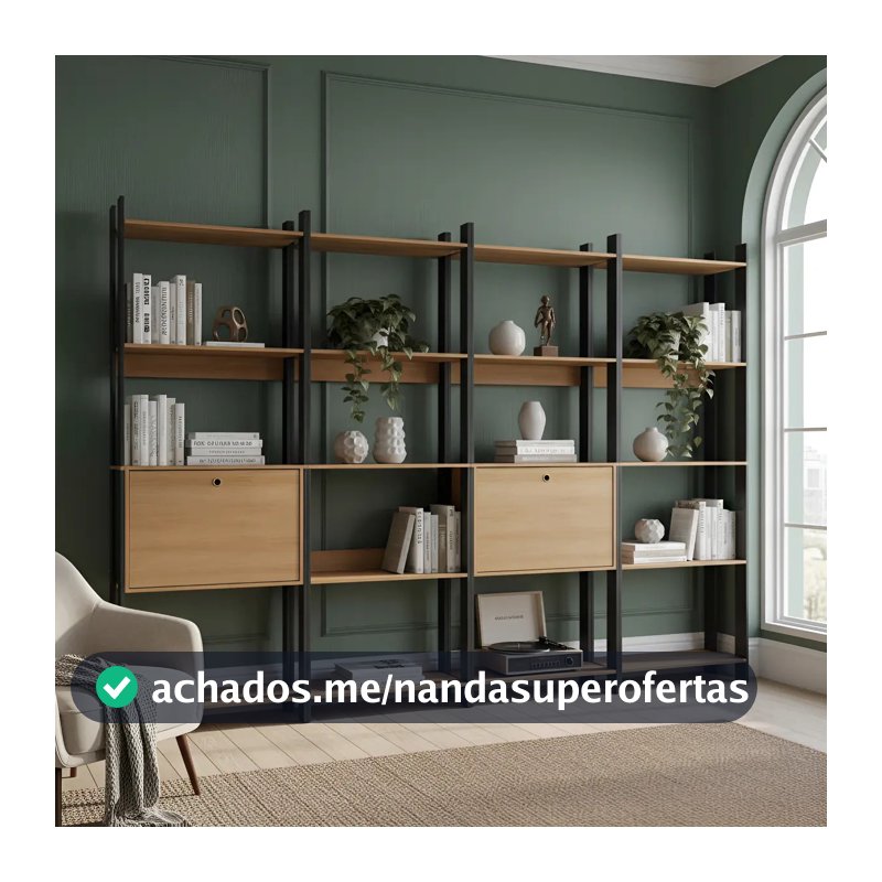Kit 4 Estantes Para Livros 2 Portas 20 Prateleiras Estilo Industrial Lâmina Mel/preto - Brv Móveis