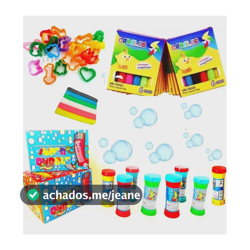 20 Massinha De Modelar + 20 Bolha De Sabão + 40 Forminhas Colorido