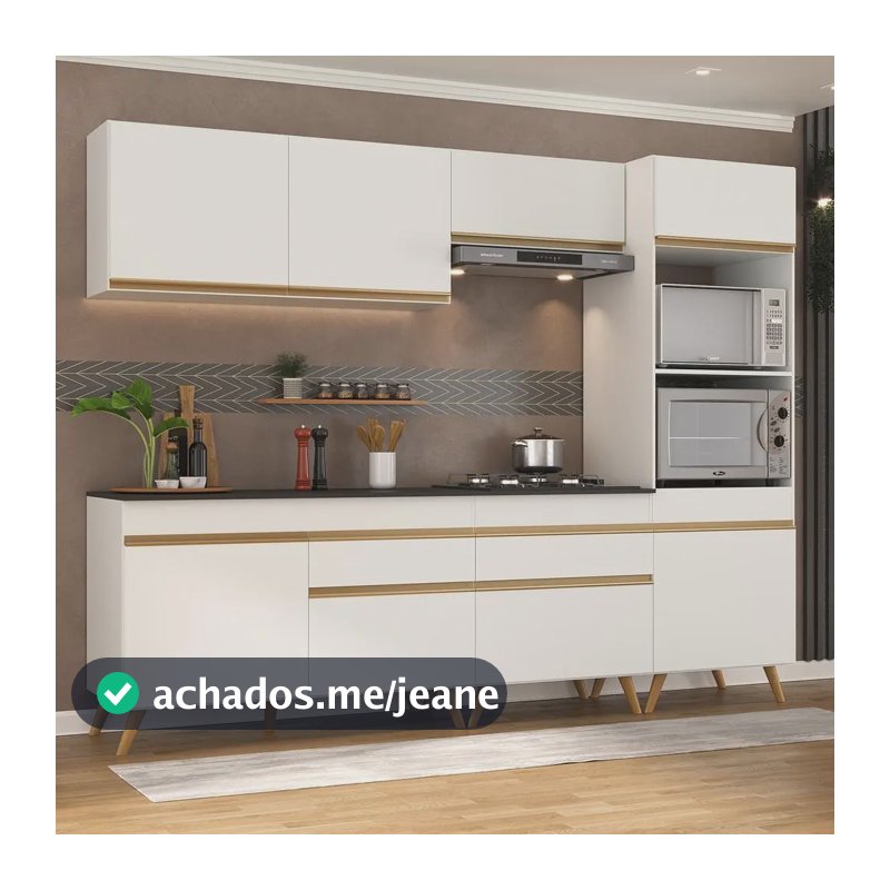 Armário de Cozinha Completa Modulada Retrô 5 peças Balcão com Tampo e Torre Quente para Forno e Micro-ondas MP3713 Veneza GW Multimóveis Branca