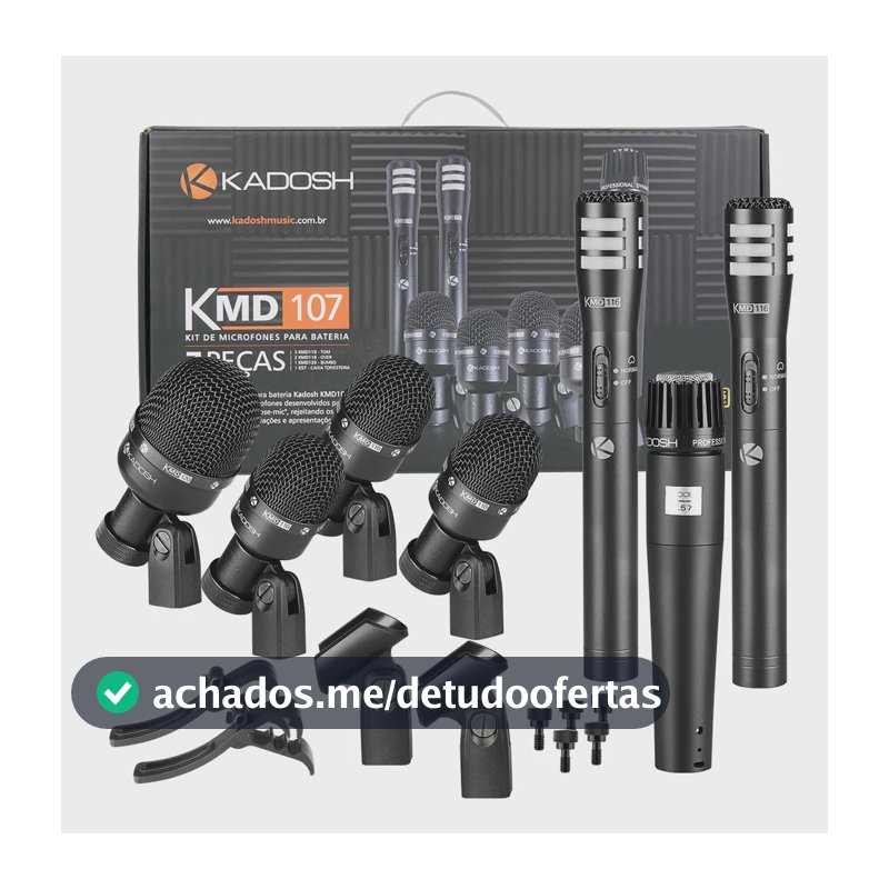 Kit 7 Microfones De Bateria Percussão Para Bumbo Caixa Tons Prato Kmd-107 Kadosh Cor Preto
