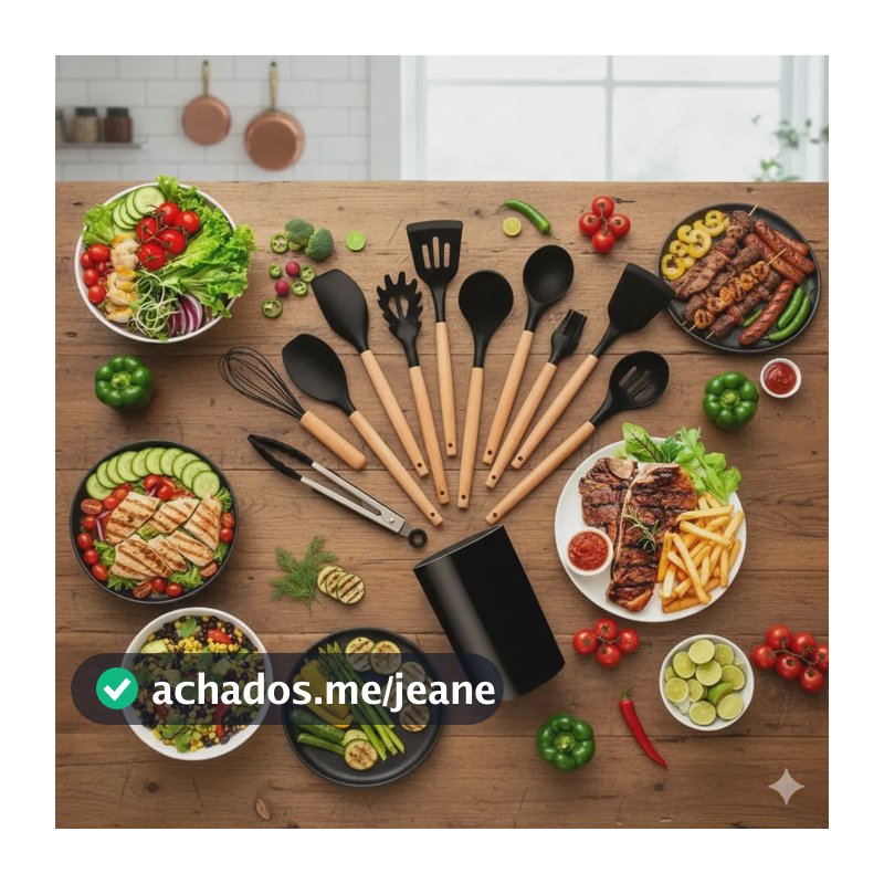 Kit Utensílios Cozinha Silicone Souleve 12 Peças Cabo Bambu Preto Madeira Escumadeira Espatula Conjunto Jogo