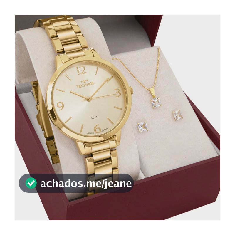 Kit Relógio Feminino Technos Dourado Elegance Com Conjunto Semi-joia 2035nbc/k1x
