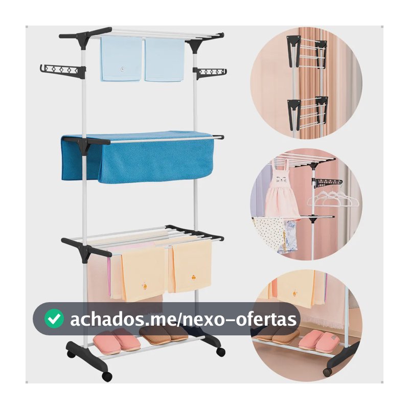 Varal Dobrável De Chão 3 Andares De Roupas Grande Com Rodinha Resistente Durável Irsina