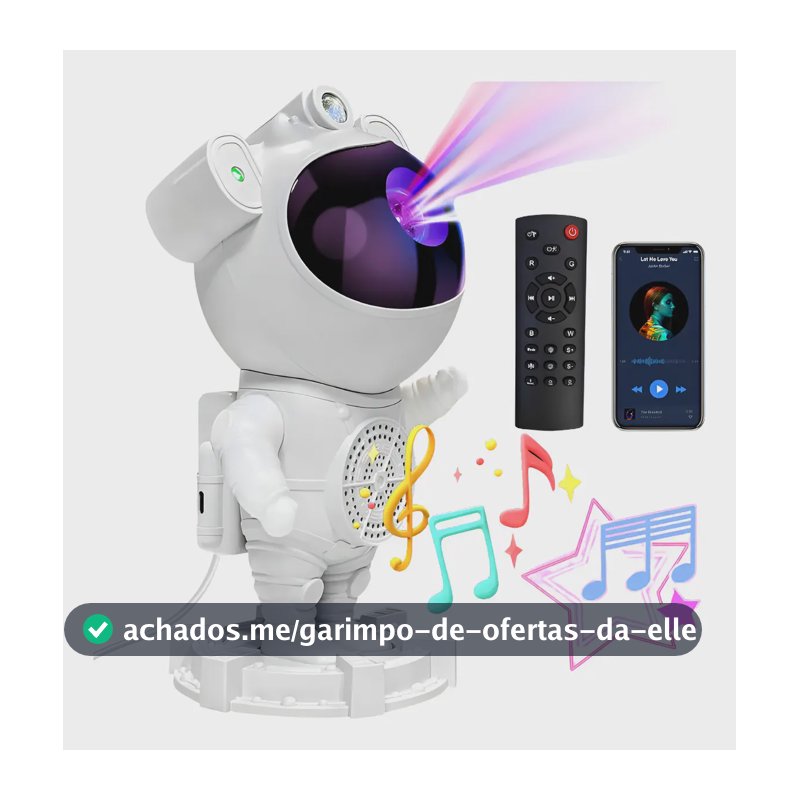 Luminária Projetor Noturno Robô Astronauta LED USB Bluetooth Som Controle Remoto Branco Preto Bivolt