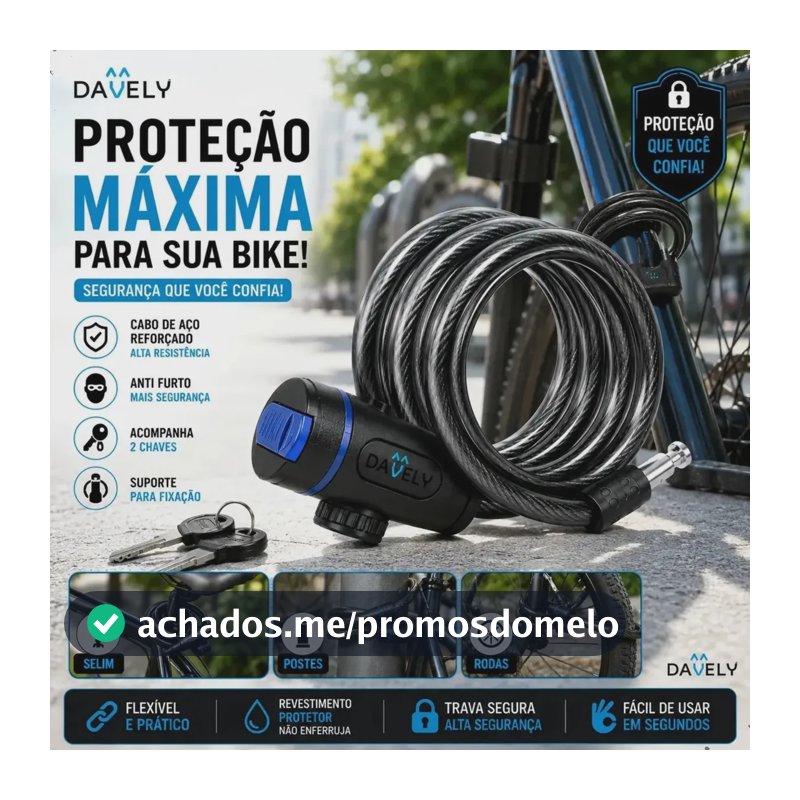 Cadeado Bicicleta Cabo de aço Corrente Prender bicicleta Reforçado Trava Segurança 1,5M Com Suporte Chave Corrente Prender Bicicleta Cadeado Marca Davely Bike Segurança