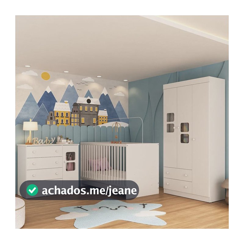 Quarto de Bebê Completo com Berço 3 em 1 para Colchão 130x60cm Brisa Multimóveis MP4525 Branco