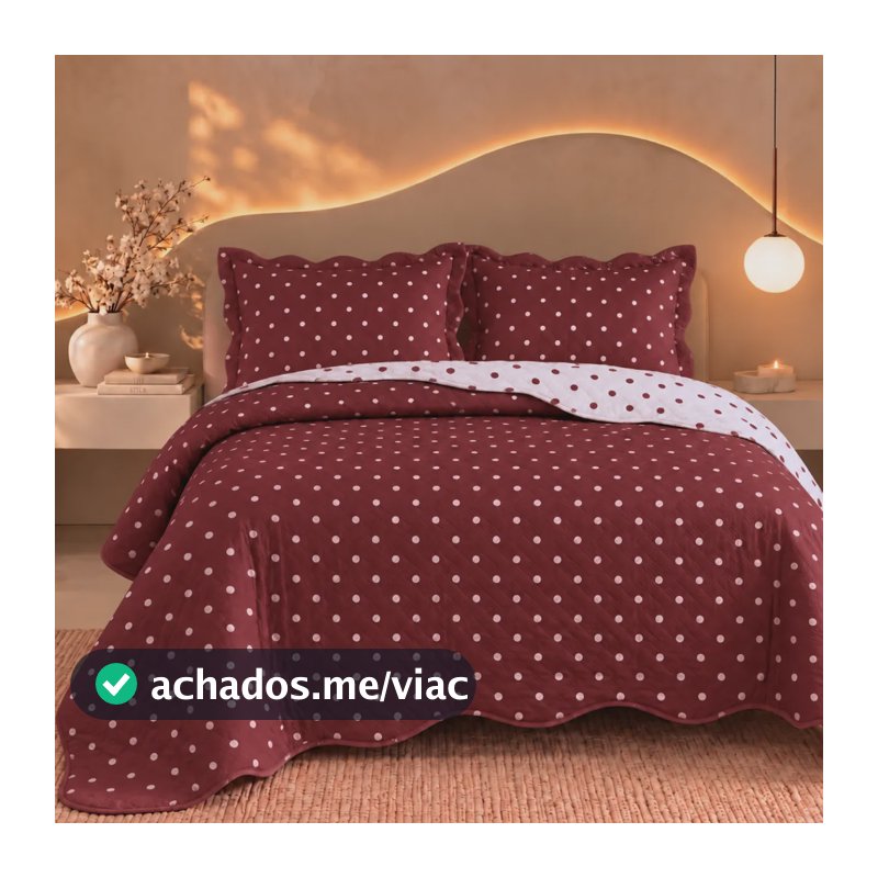 Kit Colcha Cobre Leito Poá Dupla Face 3 Peças Leve Verão Vinho Cereja Poá