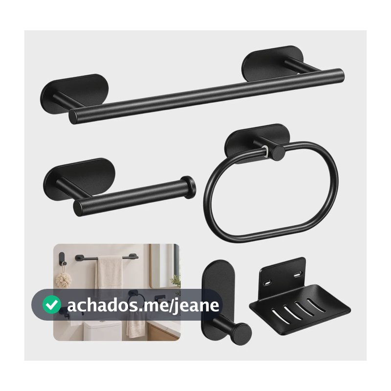 Kit 5 Peças Porta Toalha Inox 304 Sem Furo Adesivo Banheiro Preto