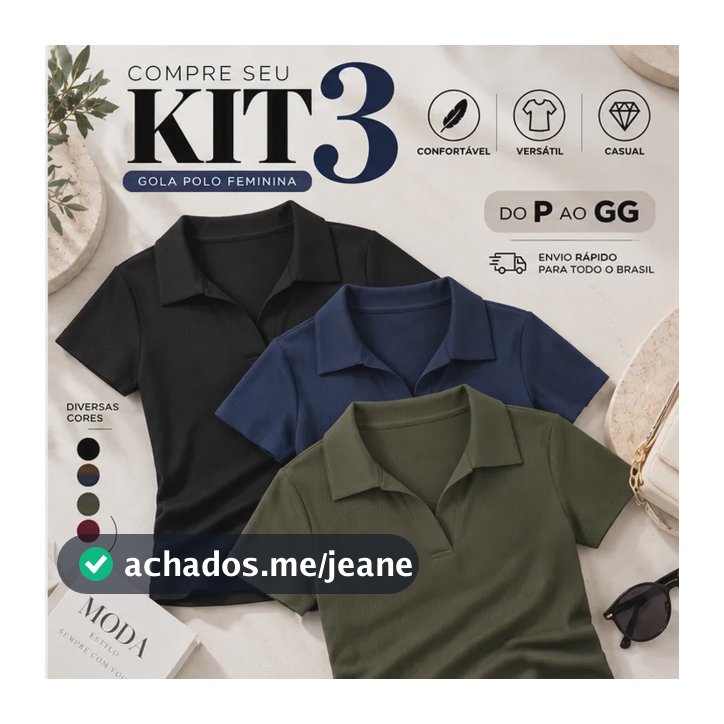 Kit 3 Blusa Feminina Gola Polo Canelada Básica Casual Lisa Preto, Verde E Azul Liso G/gg (44/48)