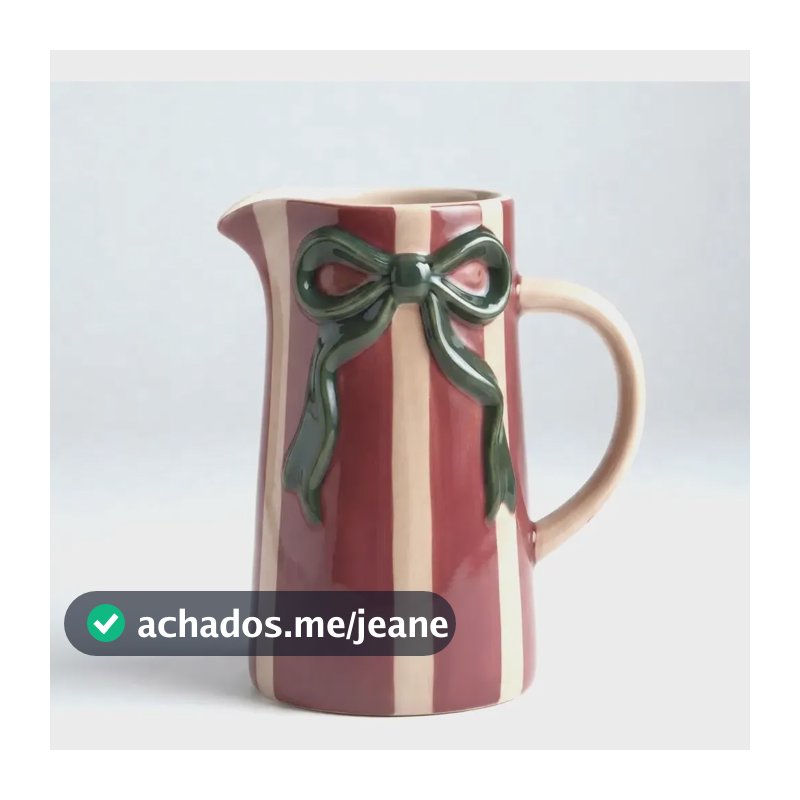 Jarra De Cerâmica Listrada C/ Laço De Natal 800ml Vermelho Verde E Branco
