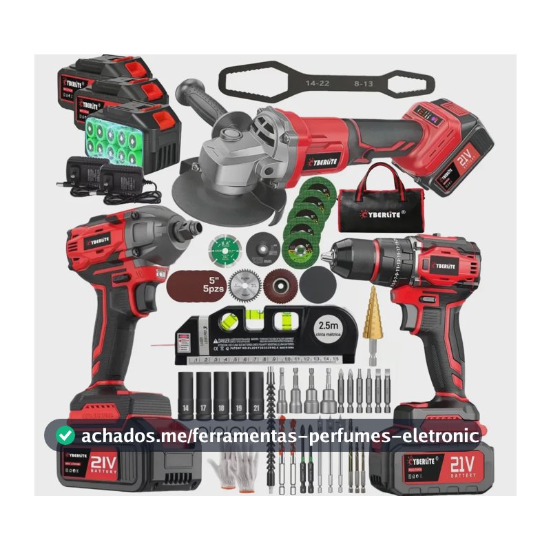 Kit Jogo De Ferramentas Profissional 3 Maquinas Brushless 21V CYBERLITE Chave De Impacto Furadeira Esmerilhadeira 3 Baterias Para Casa Obra