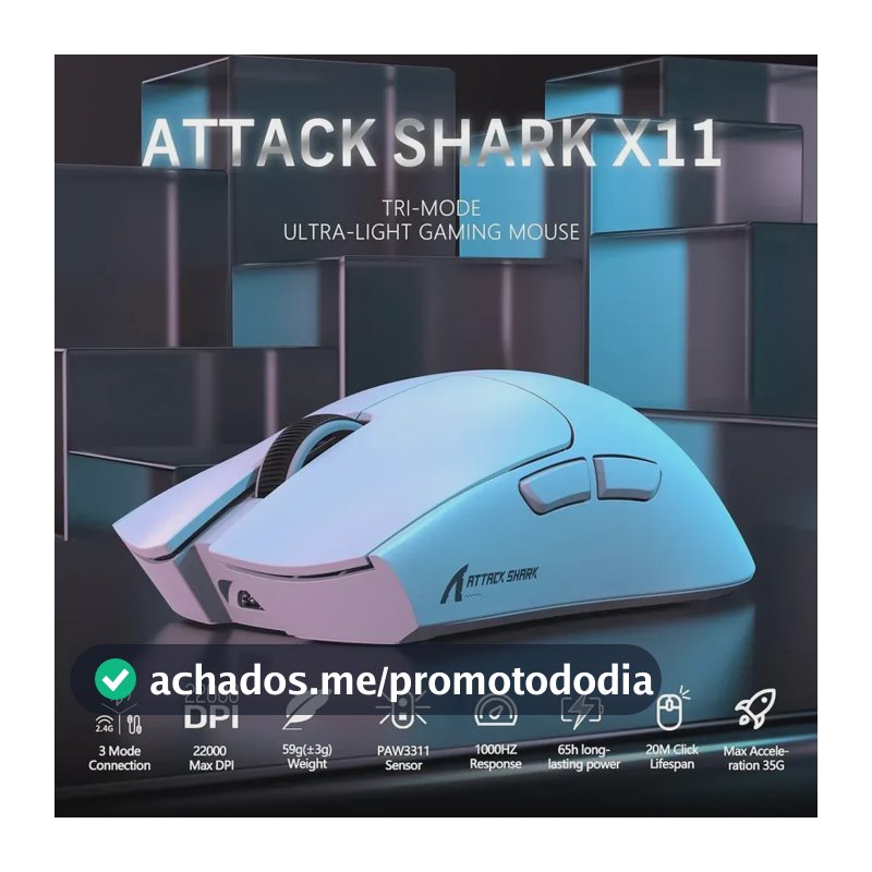 Mouse Gamer Attack Shark X11 22.000 DPI Ultraleve 63g Bluetooth 2.4GHz USB-C Branco