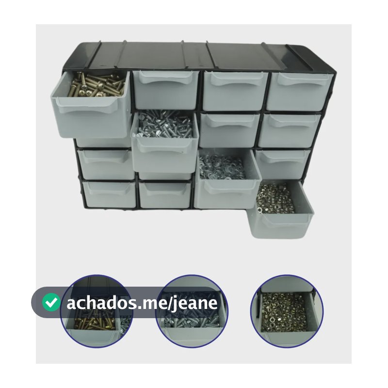 Organizador Parafusos Pregos Chaves Ferramentas 16 Gaveteiro Preto E Cinza
