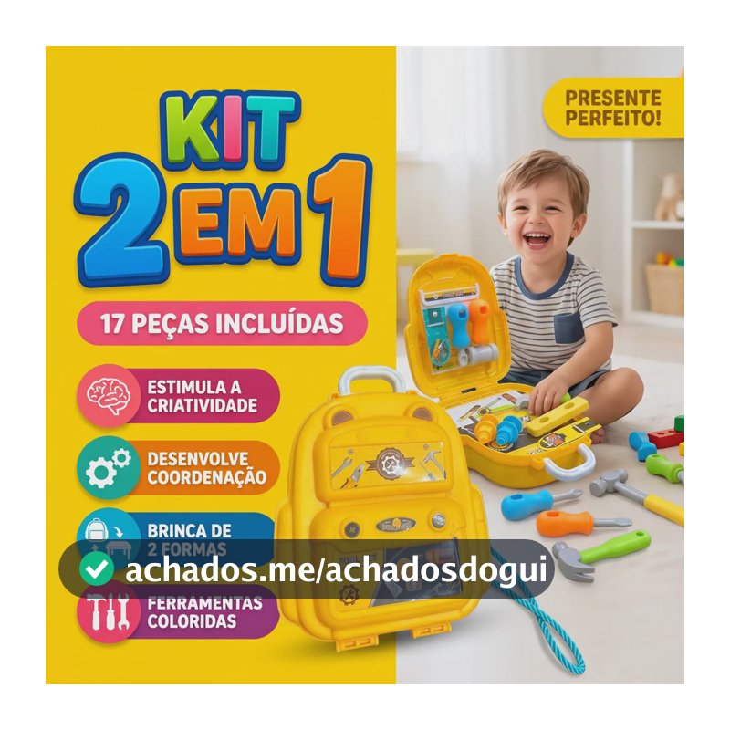 Kit Maleta Mochila De Ferramentas Infantil Bag 2 Em 1 Vira Oficina 17 Peças Plástico Criança Menino 3 Anos Brinquedo Faz de Conta Educativo Didático Construção Presente Louis Riel Acustico
