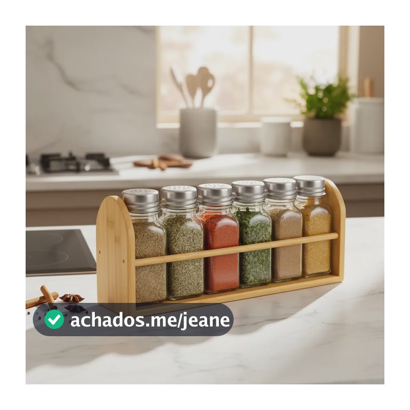 Kit Porta Temperos Vidro 5 Potes Com Suporte De Bambu Casa Vidro