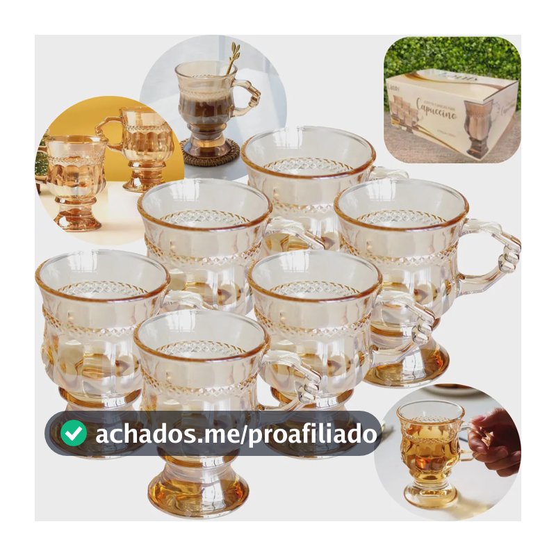 6 Xicaras Café Sem Pires 142 Ml Ambar Base E Alça Decorada Transparente