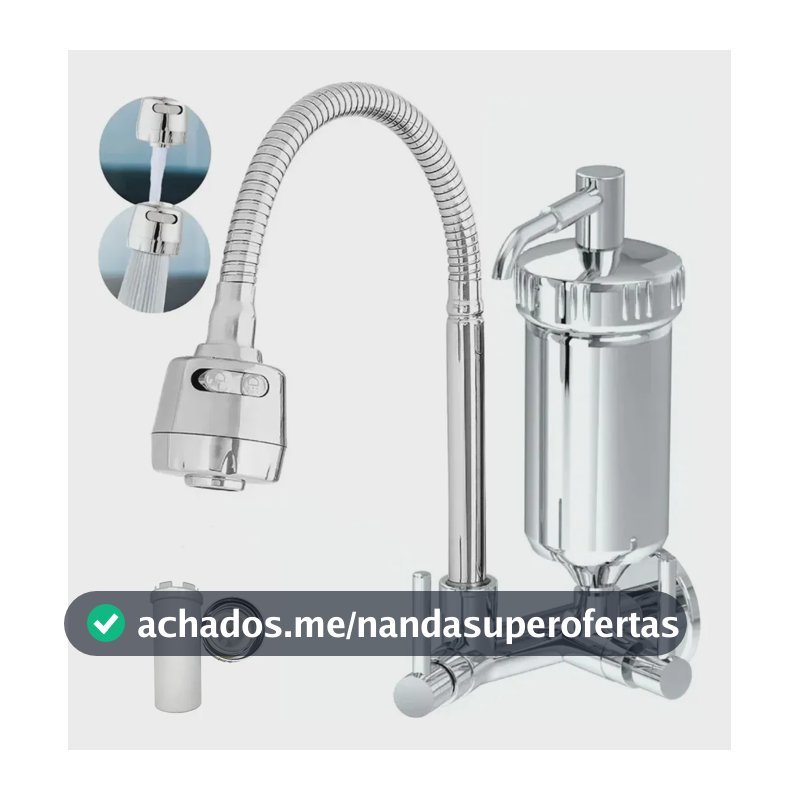Torneira Cozinha Parede Com Filtro 2 Jatos Modos Prateado Brilhante