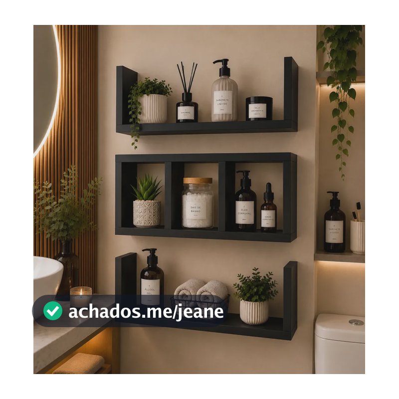 Nicho Para Banheiro Mdf Kit 3 Peças Organizador Parede Preto