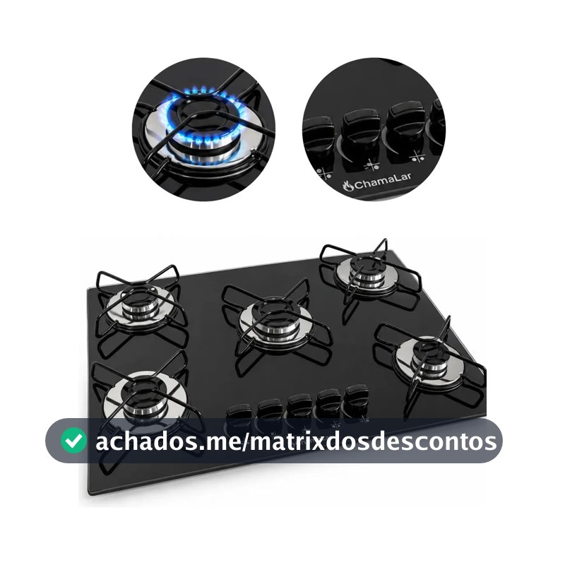 Fogão Cooktop Gás 5 Bocas Ultra Chama 127v/220v Preto