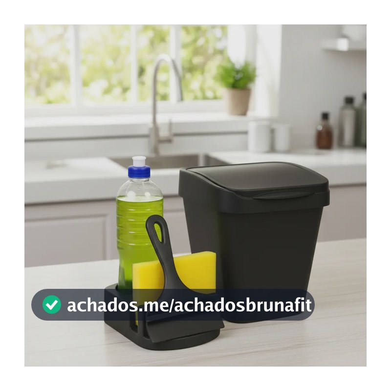 Kit Jogo Pia Porta Detergente + Lixeira 4,8l + Rodinho Preto Preto