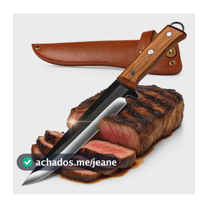 Faca Artesanal Cozinha Churrasco Aço Inox 28cm Cabo Madeira Marrom-claro