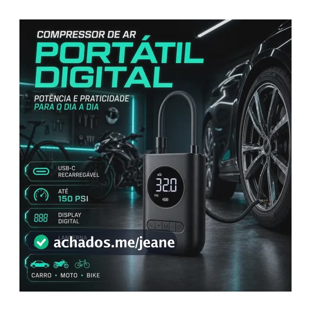 Compressor De Ar Portátil Digital Bhcases 80w Usb-c Para Carro Moto Bike Preto 127/220v 60 Hz Monofásica