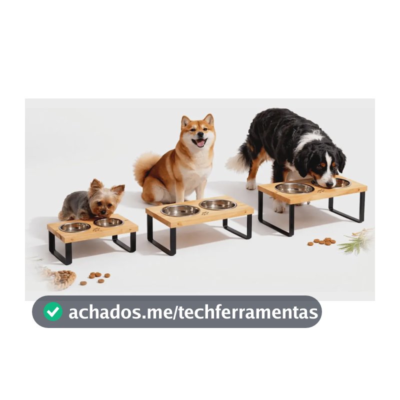Comedouro Elevado Duplo Pet Pote Inox Madeira Cachorro P M G 0 Preto Médio