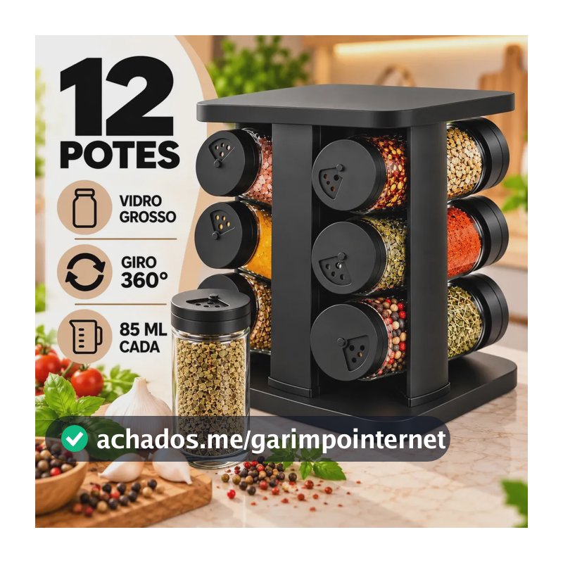 Porta Temperos Giratório 360° 12 Potes Vidro 85ml Tampa Inox Organizador Condimentos Cozinha Suporte Temperos Bancada Mesa Porta Condimento Premium