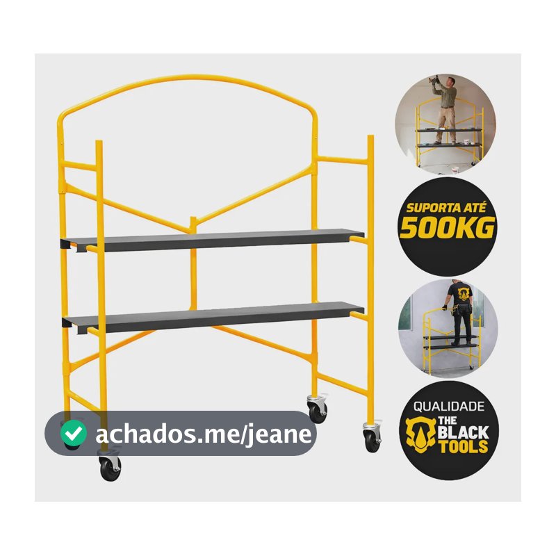 Andaime Portátil de Aço 1.54m x 53cm Com Rodas Dobrável Suporta Até 500kg Com 2 Plataformas Bad1000 The Black Tools