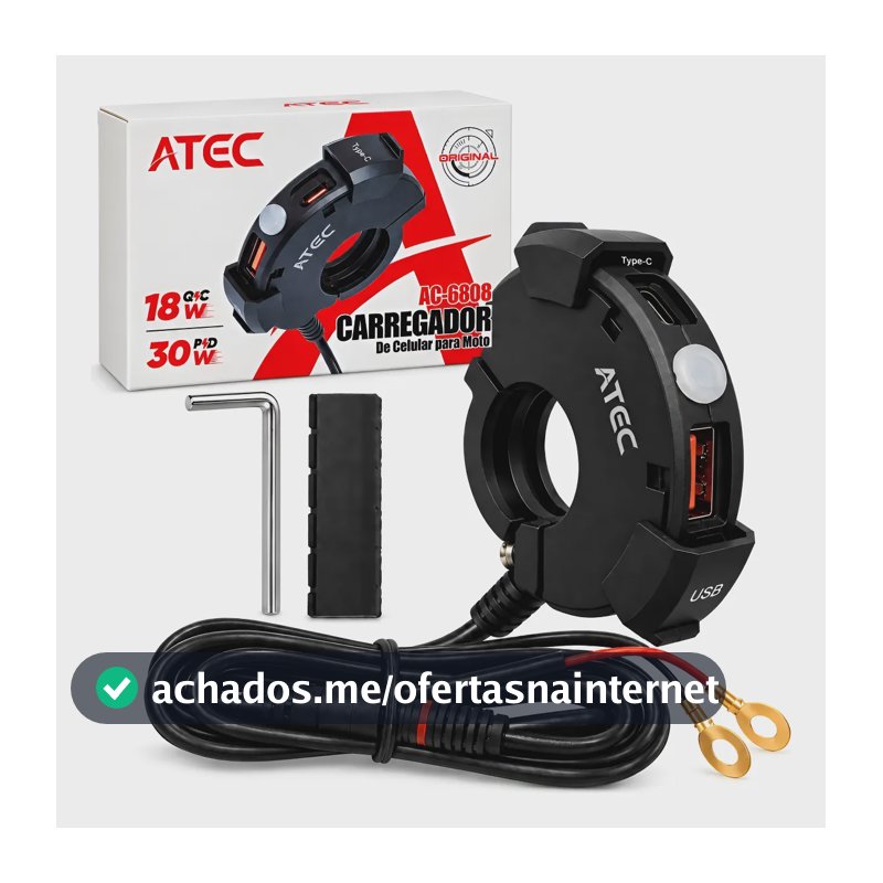 Carregador Moto Atec Usb Qc 18w Usb-c Pd 30w 12v Interruptor