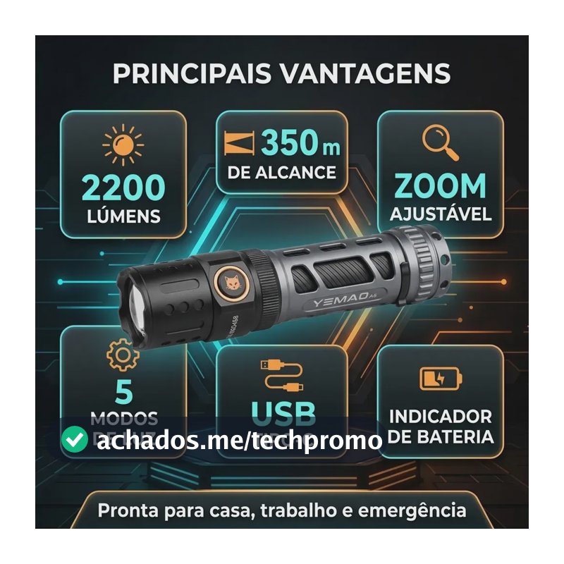 Lanterna Tática Recarregável de 2200 Lúmens com Zoom e USB-C Para Camping e Pesca