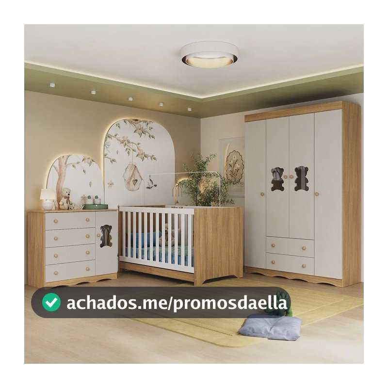 Quarto de Bebê Completo com Berço Americano 3 em 1 Doçura Multimóveis MP4646 Madeirado/Off White