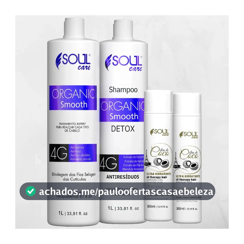 Kit Selagem Orgânica Sem Formol Soul Care com 4 Produtos, Máscara Antifrizz, Shampoo e Condicionador Pós-Química, Alinhamento Capilar, Redução de Volume, Brilho e Maciez