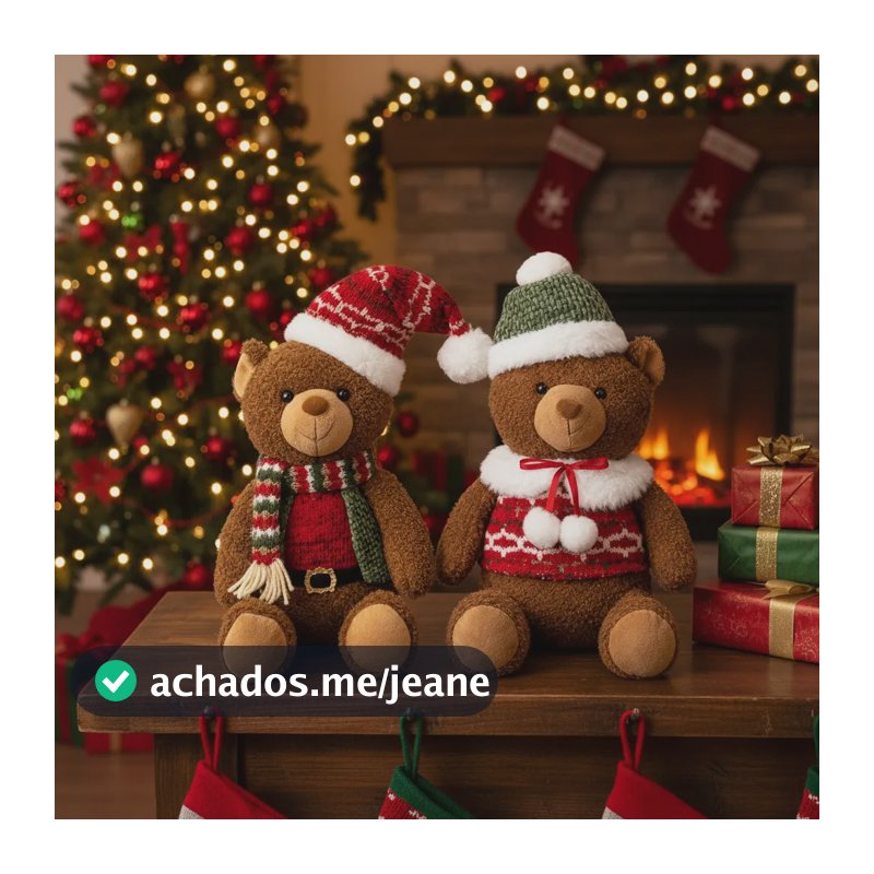 Casal De Ursos Sentados Natalinos Em Pelúcia 30cm Decoração Marrom