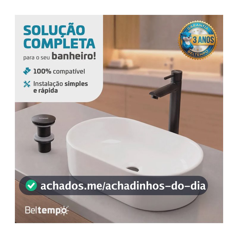 Kit Cuba de Apoio para Banheiro Oval 43x25 com Torneira Inox 304 Preta e Válvula Click 7/8 Beltempo