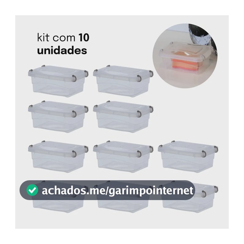 Kit 10 Caixas Organizadoras Pratic Box Resistente 1L Tampa Com Travas Compacta Transparente Pequenos Itens Escritório Acessórios Costura Botões Remédio Maquiagem Temperos Parafusos Brinquedo Paramount