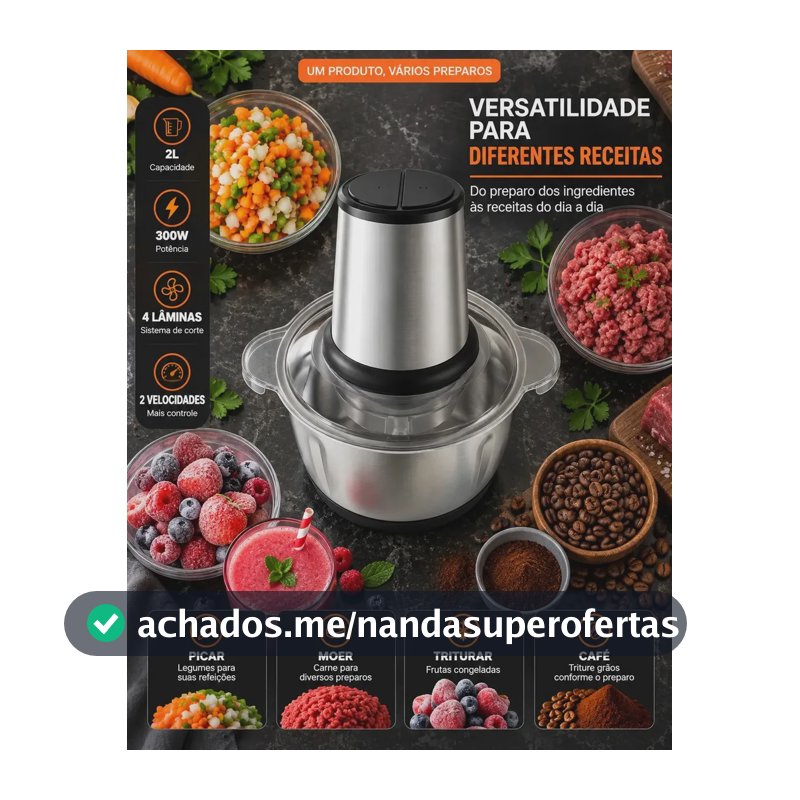 Multiprocessador e Triturador de Alimentos Viacruz 2 Litros Inox 300W Prateado