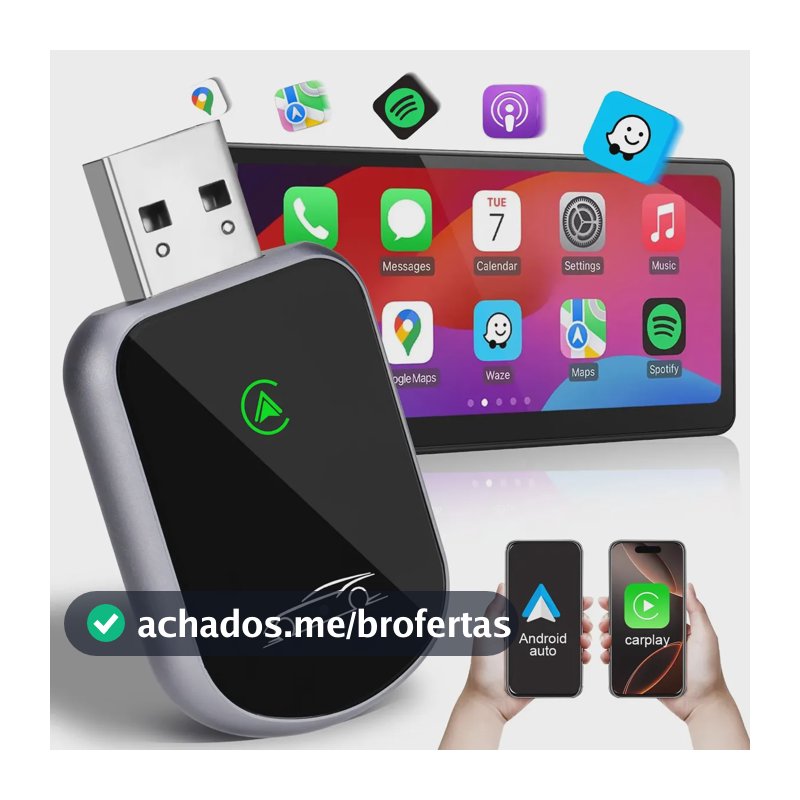 Adaptador CarPlay Sem Fio e Android Auto Wireless para USB/USB-C, com iPhone e Android, Plug and Play